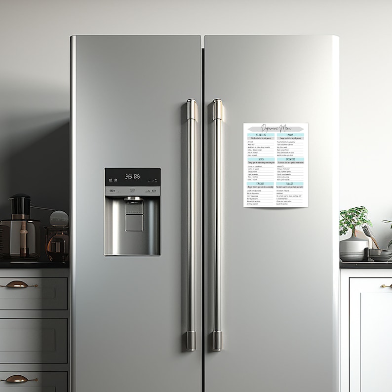May include: A white refrigerator with a digital display and a water dispenser. A white magnetic notepad with the text "Dinner Menu" is attached to the refrigerator door. The notepad lists various meal options, including "Breakfast", "Lunch", "Dinner", "Snacks", "Drinks", "Sides", and "Desserts".