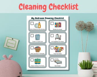 Könnte beinhalten: Eine druckbare Checkliste für Kinder, die sie beim Aufräumen ihres Schlafzimmers verwenden können. Die Checkliste hat ein farbenfrohes Design mit Illustrationen von gängigen Schlafzimmergegenständen. Die Checkliste enthält Aufgaben wie das Wegräumen von Büchern, das Reinigen von Kleidung und das Bettenmachen.