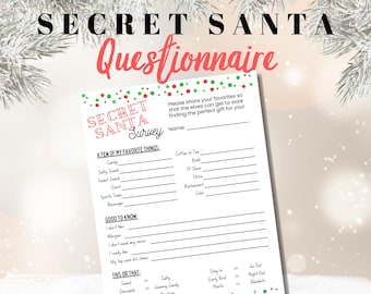 Secret Santa Questionnaire / Editable, Fillable, and Printable Secret Santa Survey / Work Secret Santa Wishlist Questions