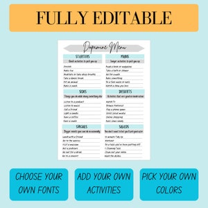May include: A printable dopamine menu with a light blue background and gray text. The menu is divided into sections: Starters, Mains, Sides, Desserts, Specials, and Salads. Each section lists activities to boost mood and well-being. The menu also includes instructions to choose your own fonts, add your own activities, and pick your own colors.