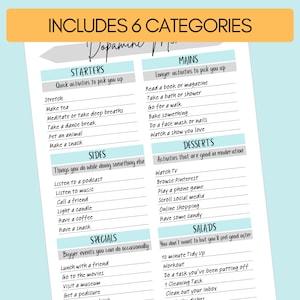 May include: A printable checklist with a light blue background and black text. The checklist is titled "Includes 6 Categories: Dopamine" and lists activities to boost dopamine levels. The categories are "Starters", "Sides", "Mains", "Desserts", "Salads", and "Specials".