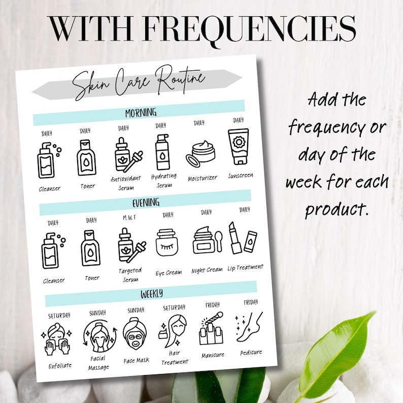 May include: A printable skin care routine checklist with icons for daily and weekly products. The checklist includes items like cleanser, toner, serum, moisturizer, sunscreen, eye cream, night cream, lip treatment, exfoliate, facial massage, face mask, hair treatment, manicure, and pedicure.