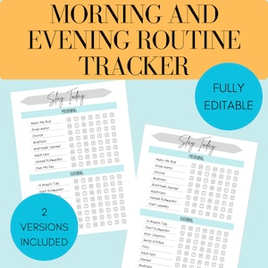 May include: Two printable versions of a daily routine tracker. The tracker is titled "Slay Today" and includes a list of morning and evening tasks to check off. The tasks include "Make the Bed", "Drink Water", "Stretch", "Meditate", "Gratitude Journal", "Wash Face", "Unload Dishwasher", "Plan the Day", "10 Minute Tidy", and "Start Dishwasher".