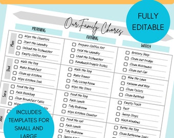 Editable Daily and Weekly Family Chore Chart and Printable PDF for Small and Large Families- Chore Chart for Kids and Adults