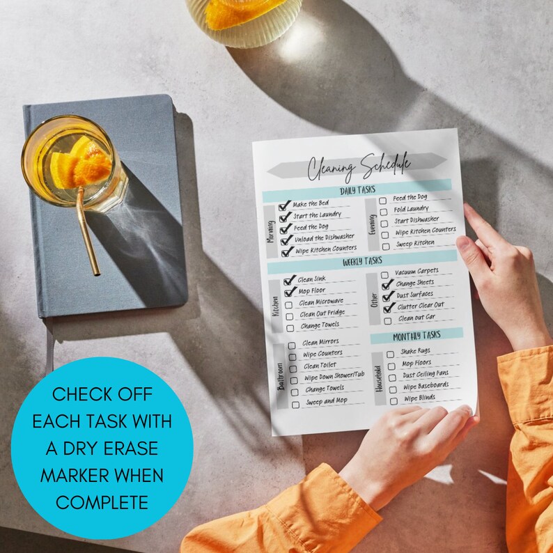 Cleaning checklist with morning and evening tasks, weekly tasks, and monthly chores for a clean house. Printable and editable.