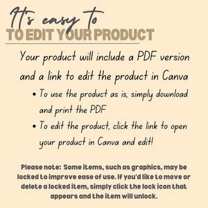 May include: It's easy to edit your product. Text on a beige background explains that the product includes a PDF version and a link to edit the product in Canva. The text also explains how to use the product as is and how to edit the product.