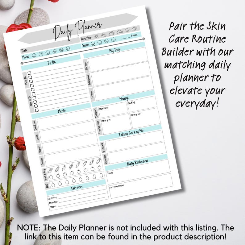 May include: A printable daily planner with sections for to-do lists, meals, exercise, money, and daily reflection. The planner has a light blue and gray color scheme with a note that the planner is not included with this listing.