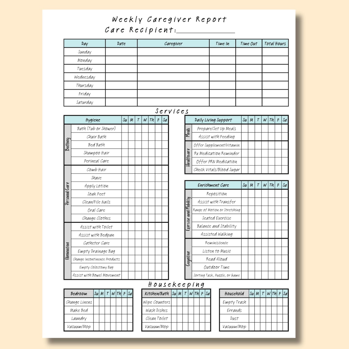 Weekly Senior Caregiver Checklist / Caregiver Log - Etsy