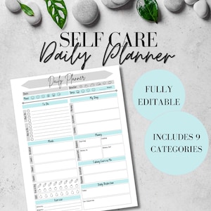 May include: A printable self-care daily planner with a light blue and gray color scheme. The planner includes sections for to-do lists, meals, money, taking care of me, and daily reflections. The text "Self Care Daily Planner" is at the top of the page.