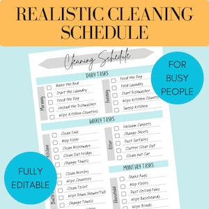 BEWERKBARE tabel met taken voor volwassenen / dagelijkse, wekelijkse en maandelijkse realistische schoonmaakchecklist / afdrukbare gezinskaart / schoonmaakschema