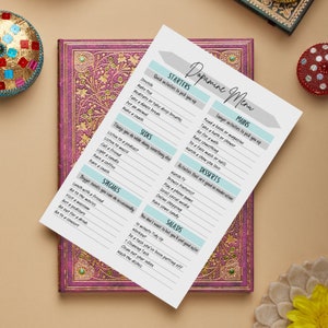 May include: A printable dopamine menu with a light blue and gray color scheme. The menu is divided into categories: Starters, Sides, Mains, Desserts, Specials, and Salads. Each category lists activities that can boost dopamine levels.