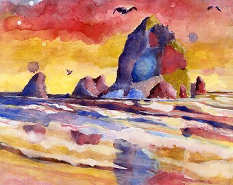 Haystack Rock Watercolor Art Print: Oregon Coast, Cannon Beach