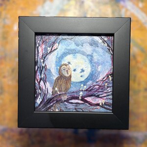 Nighttime Friend, watercolor, owl, barn owl, bird art, moon, mushroom, magic, spiritual, painting, original art