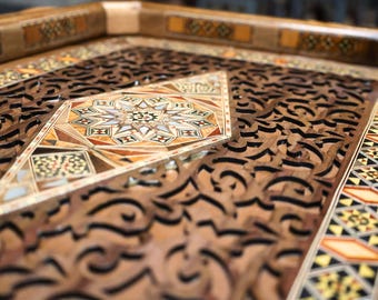 20" Handmade Wooden Mosaic Tray: Syrian Art, Fruit Wood Inlay