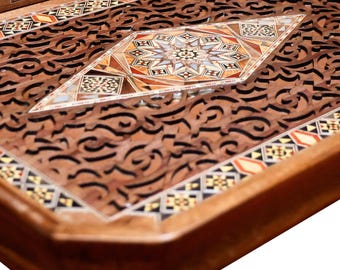 Mosaic Wood Coffee Tray: Syrian Inlay Art, Mother of Pearl