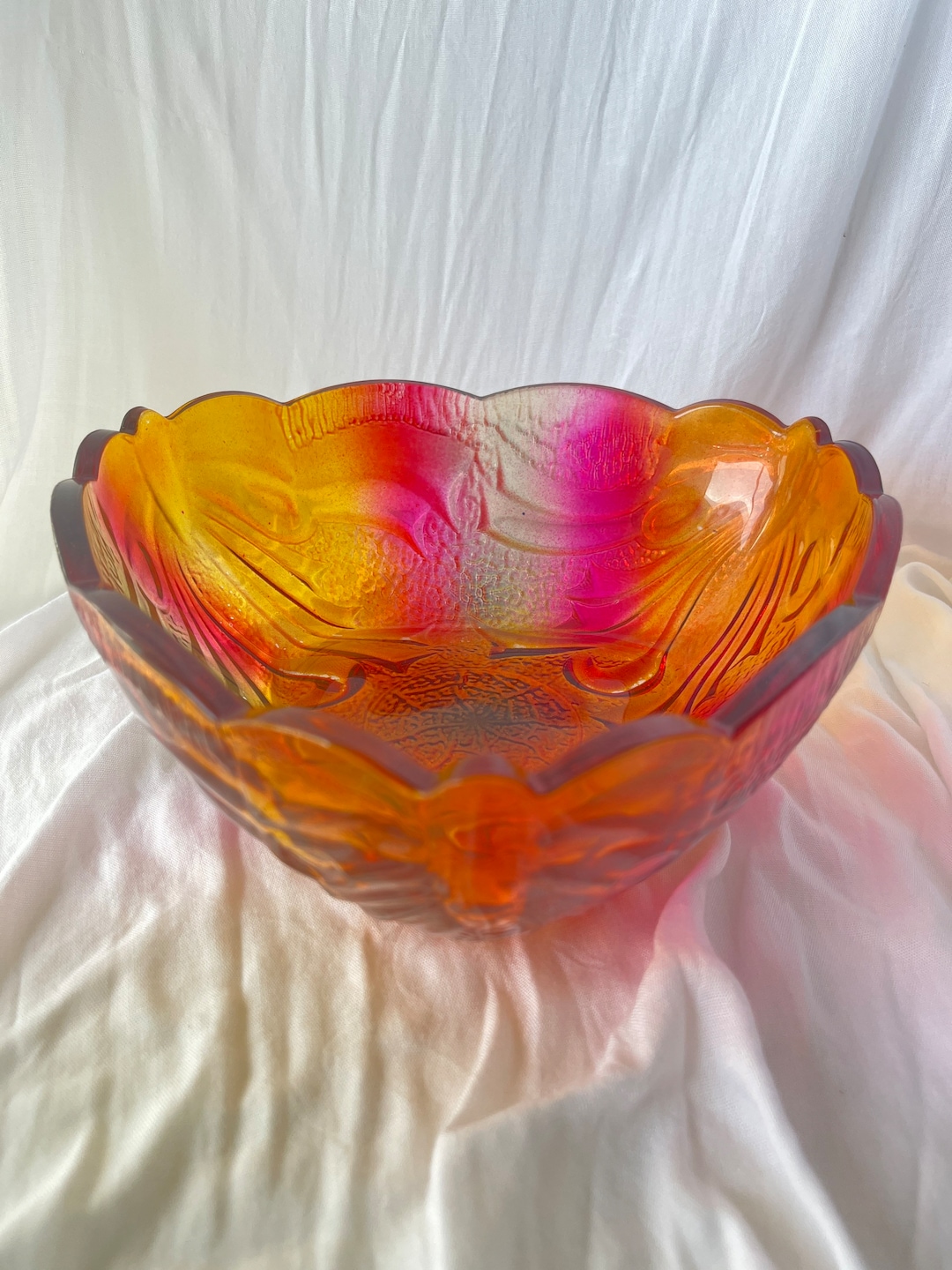 Vintage Colour Stained Glass Bowl Triangular Scalloped Rim Etsy