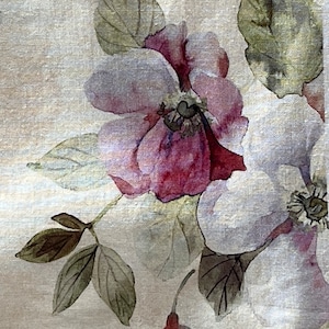May include: A watercolour painting of pink and white flowers with green leaves on a beige background.