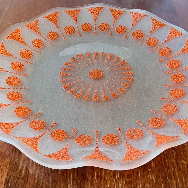 Vintage frosted glass plate orange geometric motif fluted edge decorative retro plate