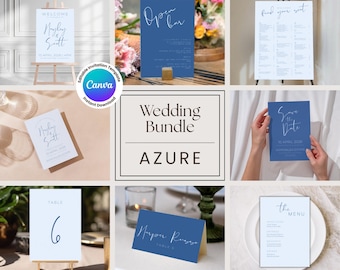 Bundel AZURE-sjabloonbundel bruiloftsbriefpapier: canva bewerkbare uitnodigingssuite