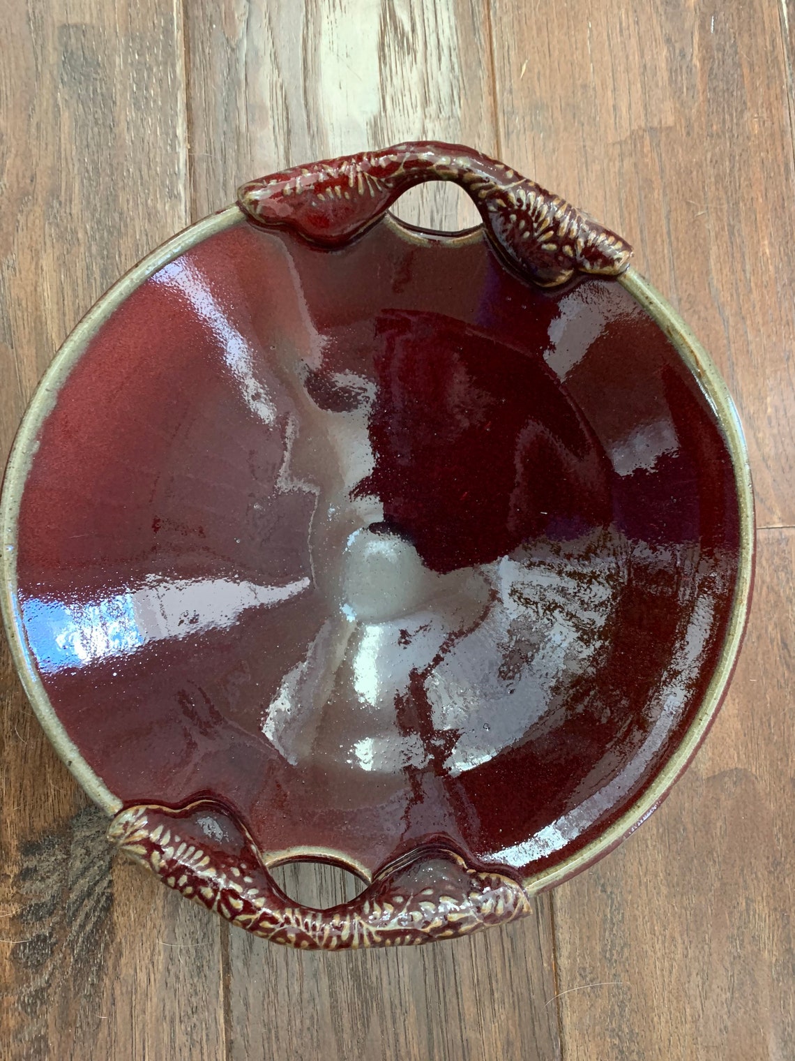 Red Shallow Bowl With Decorative Handles Etsy