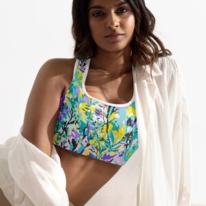 Abstract Purple Teal Sports Bra: Racerback Swim Top