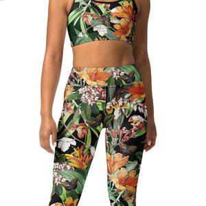 Tropical Floral Leggings - Womens High Waist Full or Capri Athletic Leggings for Yoga, Running, Sports, Everyday - Tropical Black Leggings