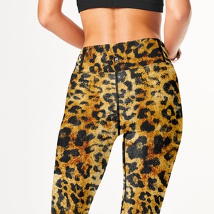 Leopard Print Leggings - Womens High Waist Fitness Leggings  - Full or Capri  - Gym Workout Yoga Sports - Tan and Black