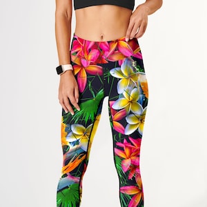 Hawaiian Printed High Waist Workout Capri and or Full Leggings for Yoga and Sports - Tropical florals and palms leaves set on black