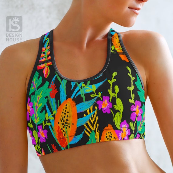 Sports Bra Yoga, Workout and Fitness Tropical Papaya Theme Print Bright  Bold Colors on Black Comfortable Spandex Blend Fabric -  Canada