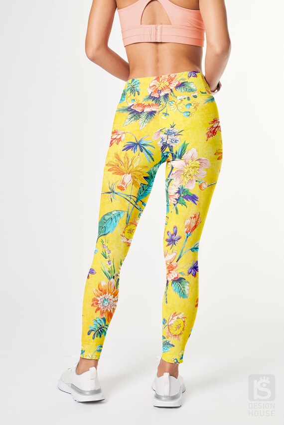 Yellow Floral Print Womens High Waist 