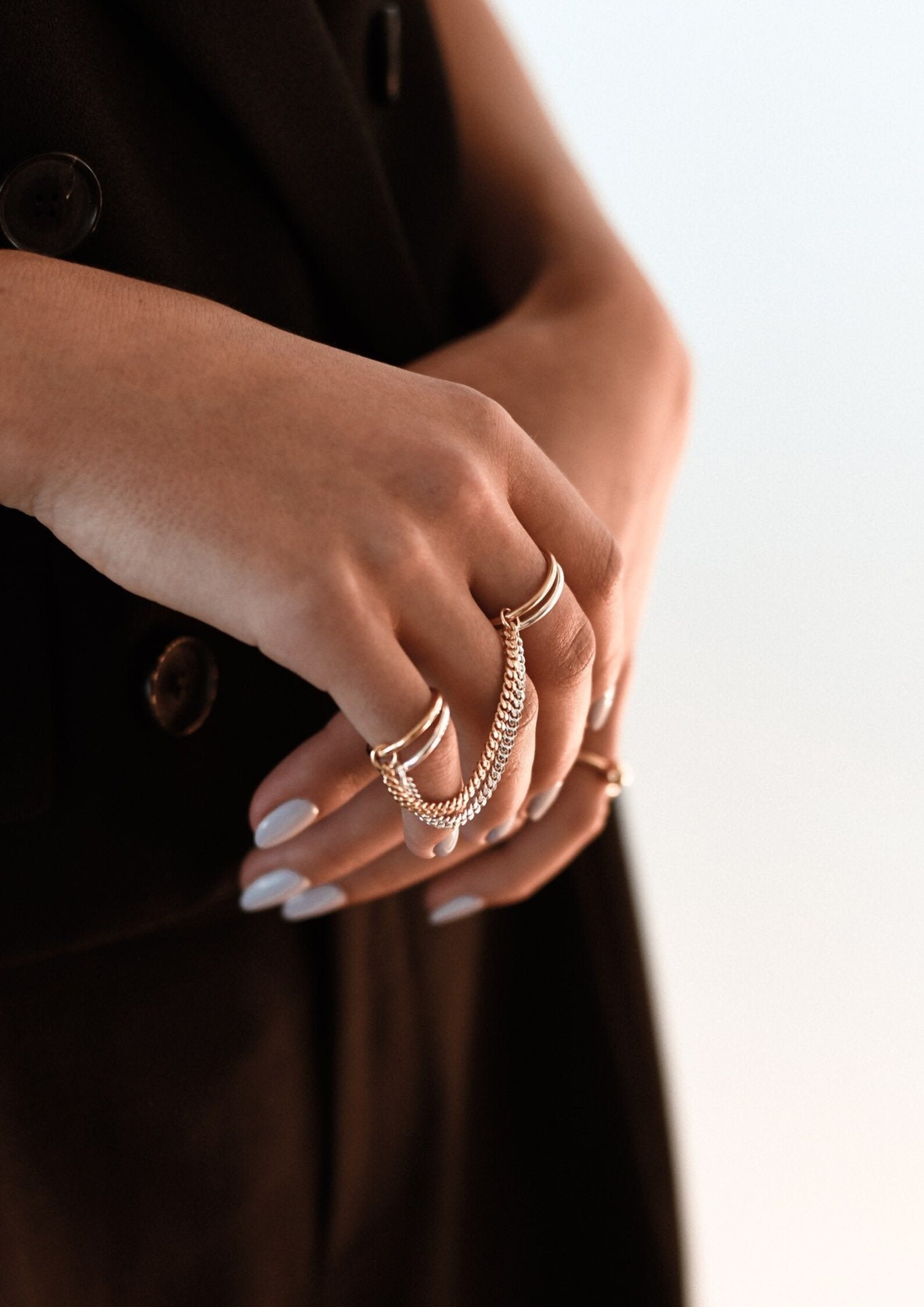 Chained Rings Gold, Double Chain Handcuff Rings, Gold Plated Knuckle ...