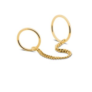 May include: Two gold rings connected by a gold chain. The rings are simple and round. The chain is a curb chain.
