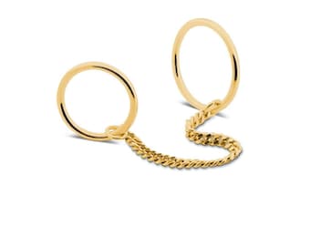 Double Chain Ring, Punk Chain Rings For Women, Chain Connected Rings, Handcuff Rings, Knuckle Ring Gold Plated, Two Rings With Linked Chain