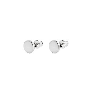 May include: A pair of silver stud earrings with round, flat, smooth discs.