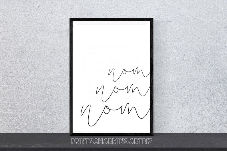 K&ouml;nnte beinhalten: Schwarzwei&szlig;es druckbares Wandbild mit dem Wort "nom", das dreimal in einer kursiven Schrift geschrieben ist.