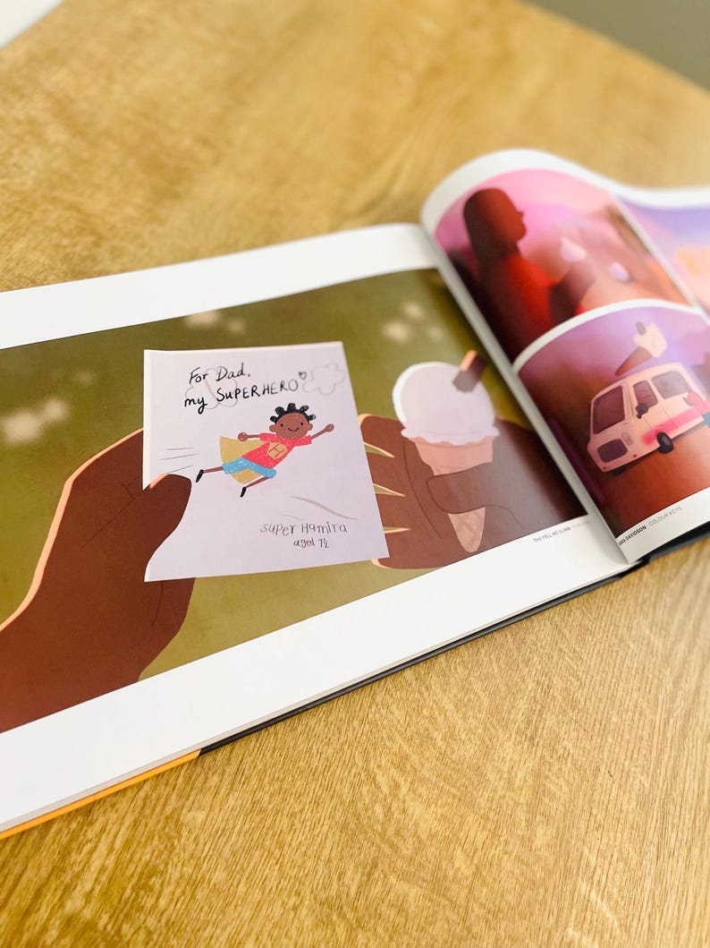 May include: A hand holds a card with a drawing of a superhero child flying. The card says "For Dad, my SUPERHERO" and "Super Hamira, aged 72".