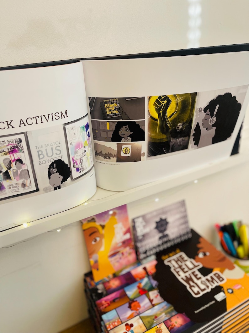 May include: A book titled "Black Activism" with illustrations of a young girl, a raised fist, and a person wearing headphones. The book is on a shelf with other books, including one titled "The Fell We Climb".