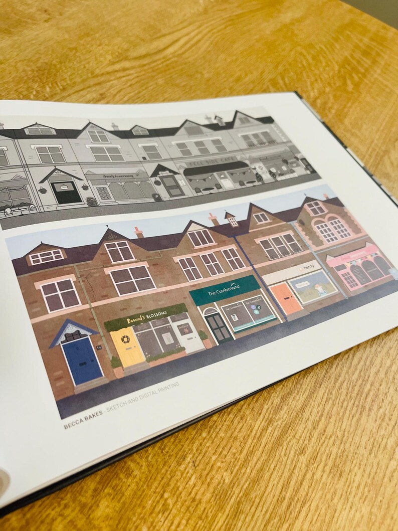 May include: A digital illustration of a row of colourful shop fronts with names like "Becca's Blossoms" and "The Cumberland". The illustration is in a cartoon style and features a variety of colours and details.