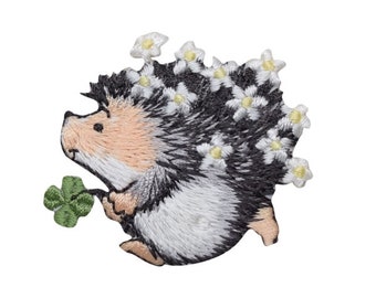 Baby Hedgehog Purple Green Floral Flowers Iron On Embroidery Patch MTCoffinz Choose Size