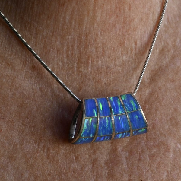 Solid Sterling Blue Opal Inlaid Slider Pendant