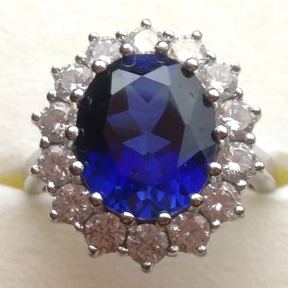 Solid Sterling Silver Oval Blue and Round White Sapphire Halo - Etsy Canada