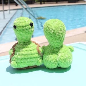 May include: Two handmade, green crochet turtle figurines with black eyes and brown accents. One turtle faces forward, the other faces away. The turtles are sitting on a light blue surface, with a swimming pool and apartment building in the background.