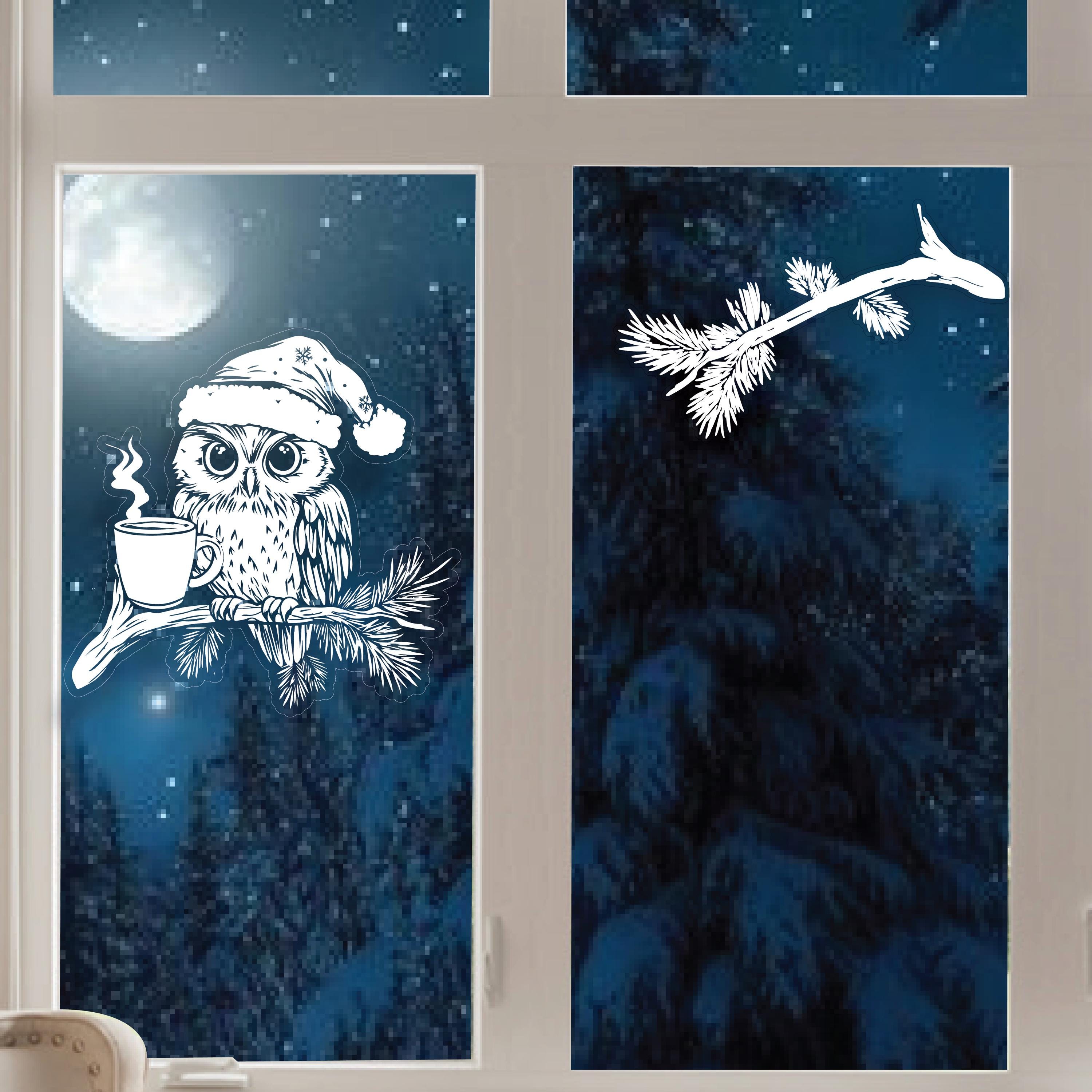 Cozy Christmas Window Sticker - Santa Hat Owl with Coffee Mug,…