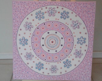 Tableau Mandala peint rose à fleurs OU bleu et blanc (dot painting mandala)