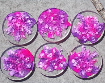 Set of 6 pink and purple resin petri dish coasters