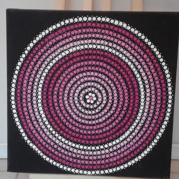 Tableau Mandala peint rose, fuschia et blanc OU rose, parme et bleu (dot painting mandala)