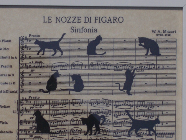 May include: A black and white image of sheet music with the title "Le Nozze di Figaro" and the subtitle "Sinfonia". The music is filled with black silhouettes of cats in various poses.