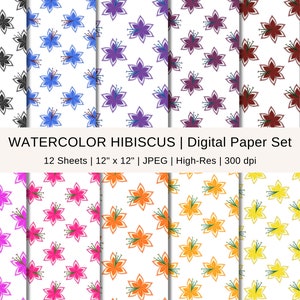 12 Aquarell Blumen Papiere, Hibiskus Muster, Sofort Download, illustriert, kommerzielle Nutzung, Scrapbooking, botanisch, mehrfarbig
