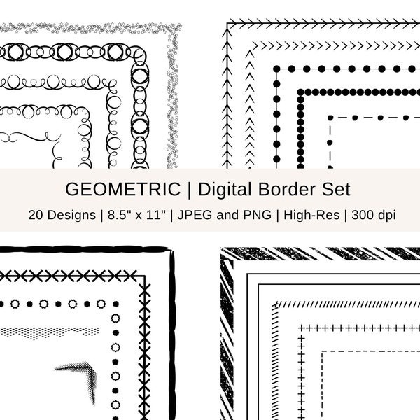 Geometric Digital Borders, Digital Frames Clipart, 8.5 x 11, Doodle Border Clip Art, Commercial, Instant Digital Download, Printable, Shapes