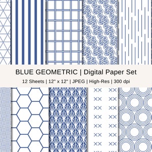 Blue Geometric Paper: Modern Scrapbook Patterns (Digital Download)